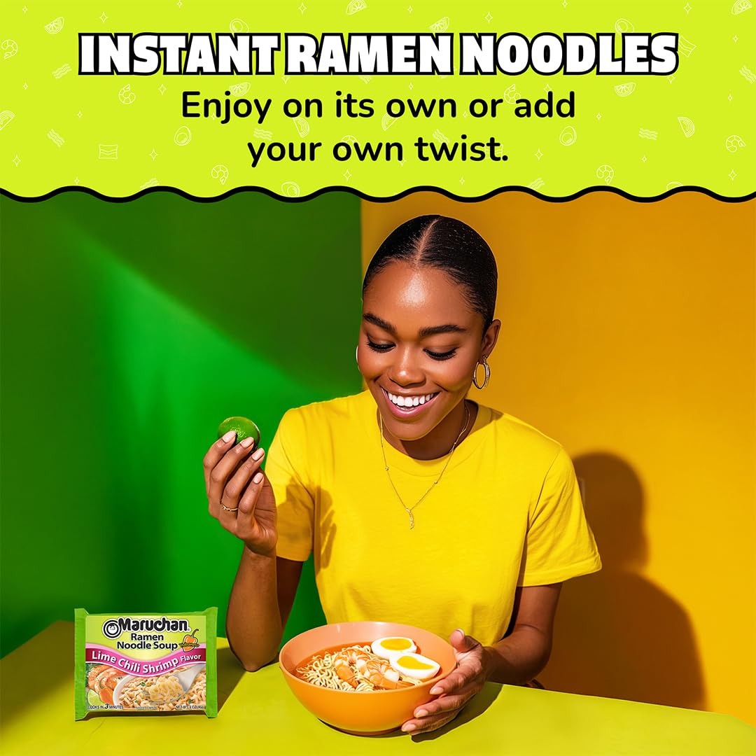 Maruchan Lime Chili Shrimp packaging display highlights value pack for dorms and families