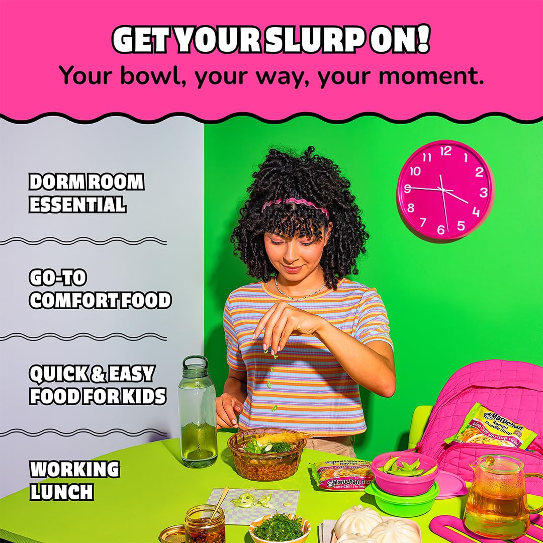Maruchan Lime Chili Shrimp veggies pairing image suggests customizable meals with greens