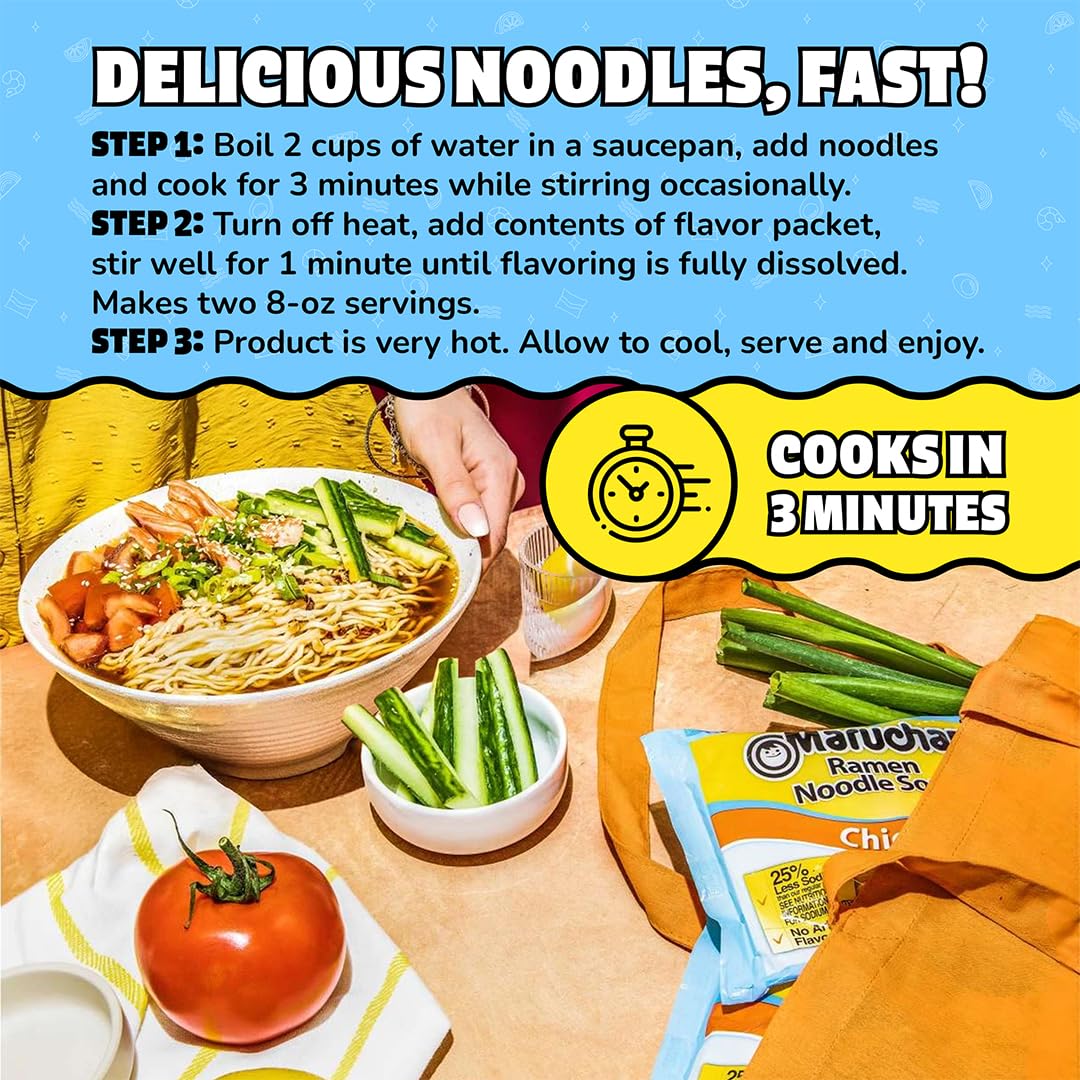 Bowl being built with Maruchan noodles and veggies for a customizable slurp.