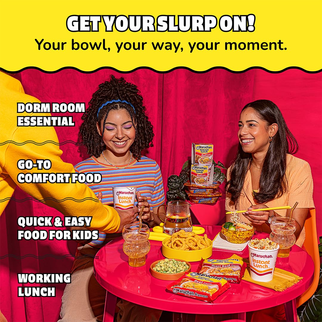 Maruchan on a kitchen table, a reliable quick-meal option for students.