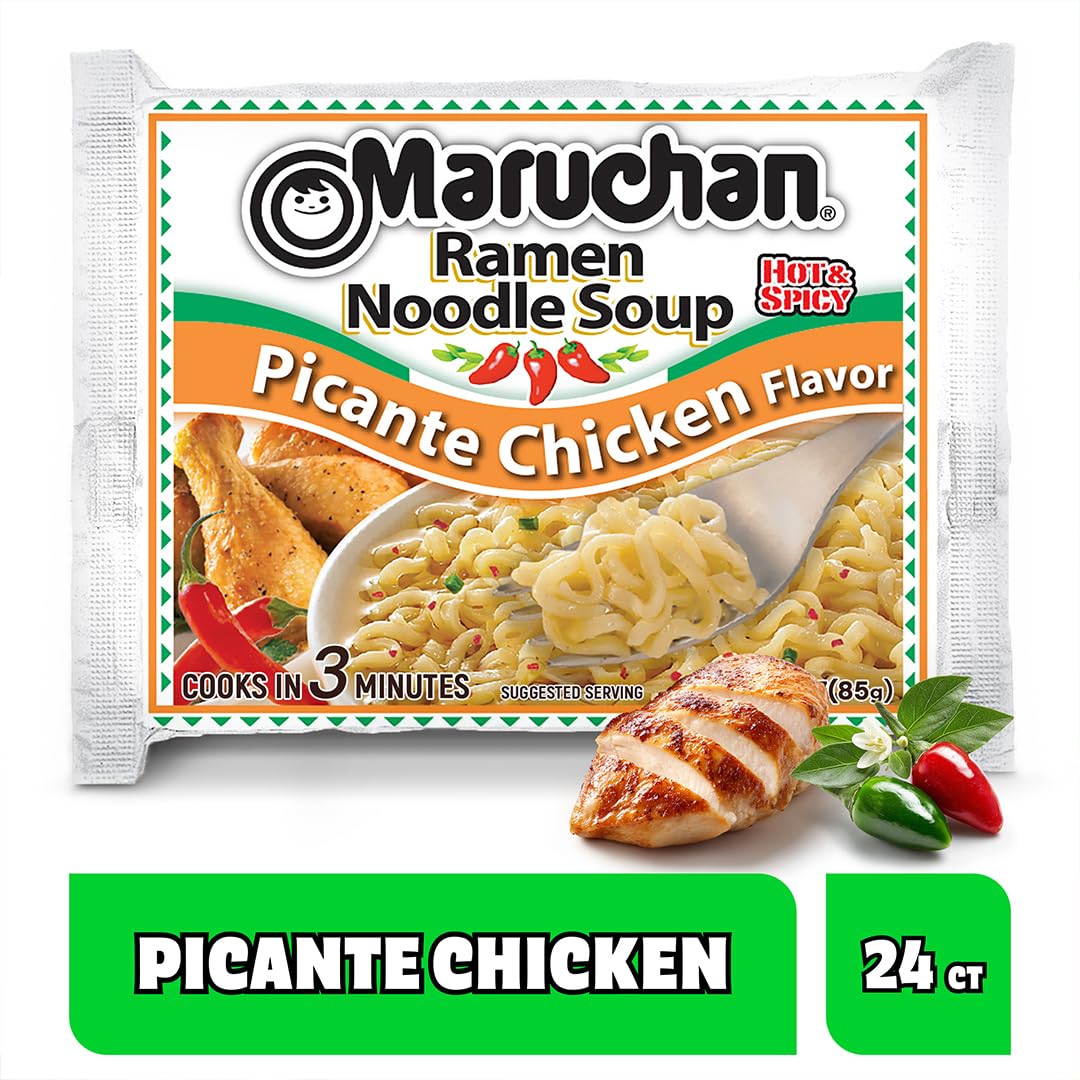 Maruchan Picante Chicken ramen noodles simmering for a fast meal.