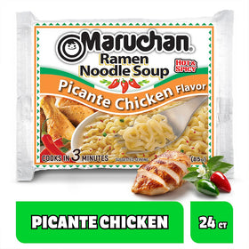 Maruchan Picante Chicken ramen noodles simmering for a fast meal.