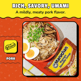 Close-up of Maruchan Pork Flavor noodles in savory broth.