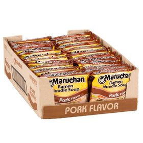 Maruchan Pork Flavor ramen packaging on a kitchen counter, a convenient pantry staple.