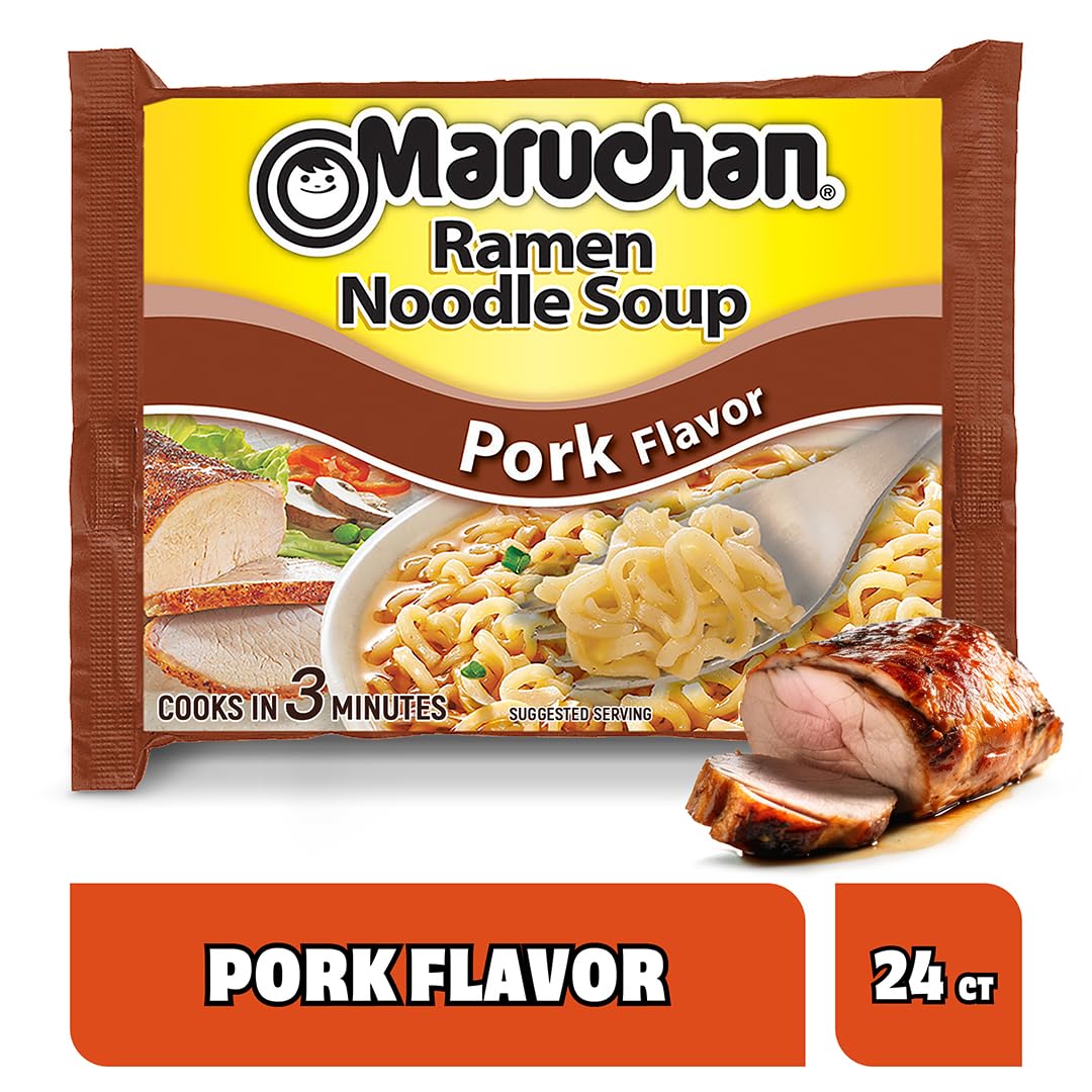 Steaming bowl of Maruchan Pork Flavor ramen, ready in minutes for a quick dinner.