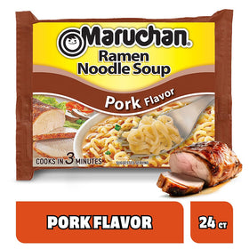 Steaming bowl of Maruchan Pork Flavor ramen, ready in minutes for a quick dinner.