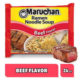 Maruchan ramen beef flavor packaging box, a budget-friendly 24-pack for pantry stock.