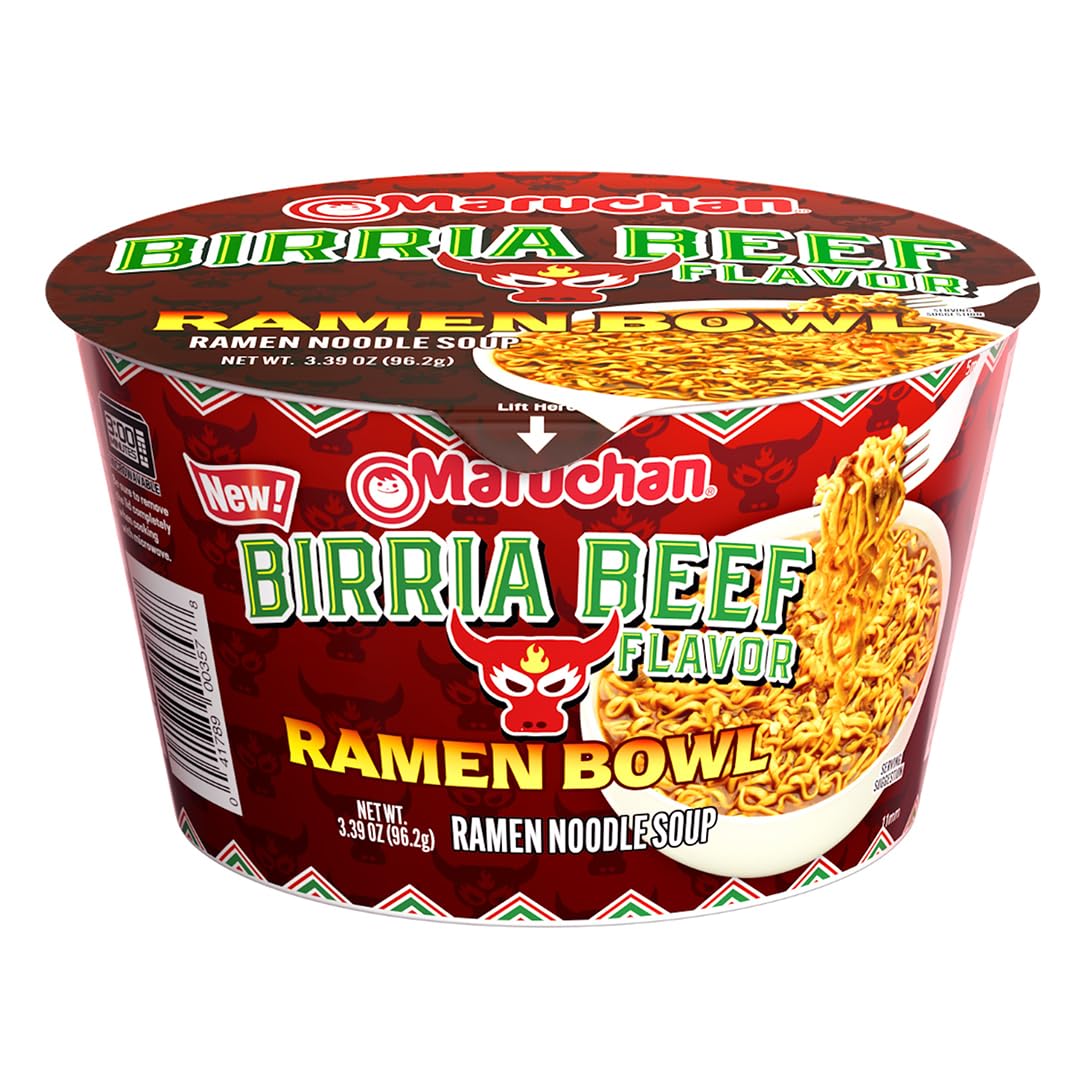 Maruchan Ramen Bowl Birria Beef flavor in steaming broth, quick comforting meal.