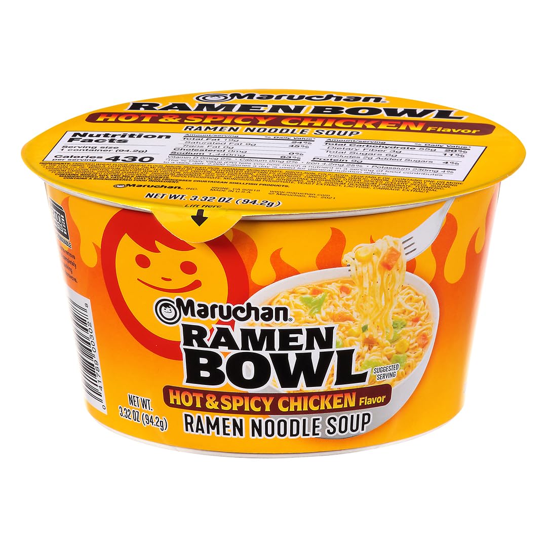 Maruchan Ramen Bowl hot spicy chicken flavor in a steaming bowl.