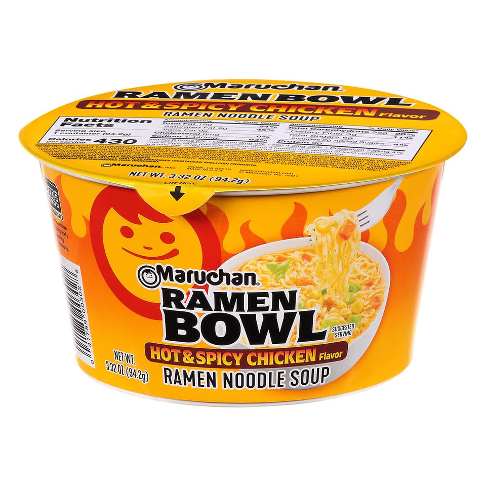 Maruchan Ramen Bowl hot spicy chicken flavor in a steaming bowl.