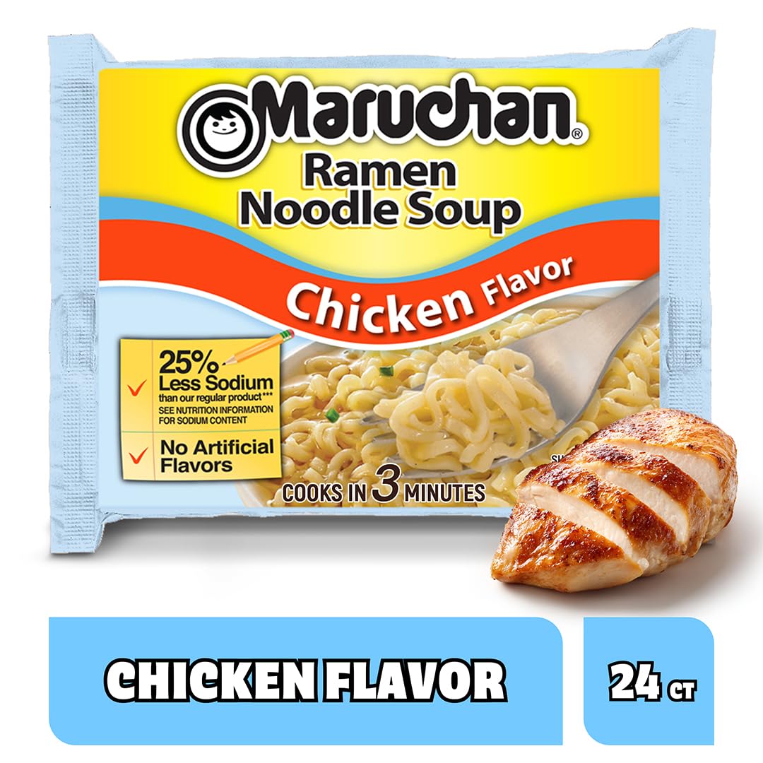 Close-up of Maruchan ramen noodles in flavorful broth for easy dinners.