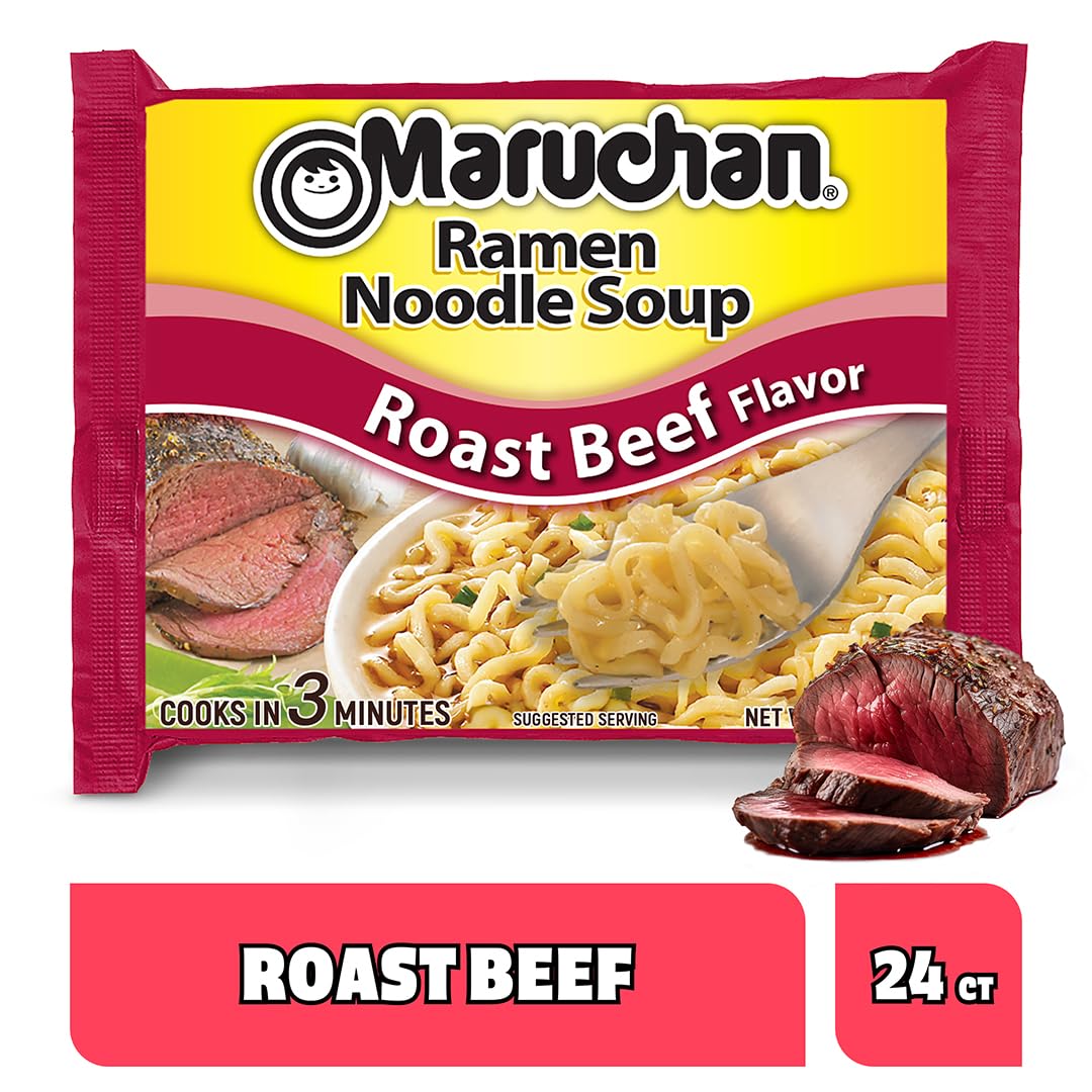 Maruchan Roast Beef flavor dry noodles ready for easy dorm meals.