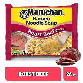 Maruchan Roast Beef flavor dry noodles ready for easy dorm meals.