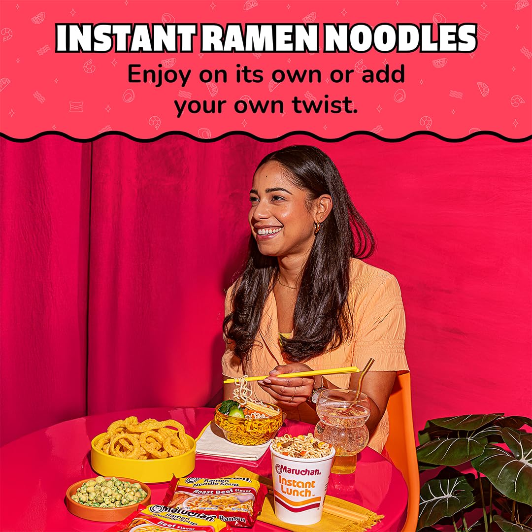 Maruchan Roast Beef flavor noodles in pot deliver comforting textures.