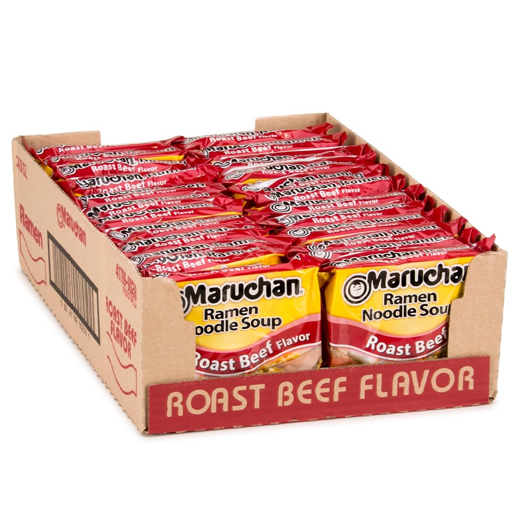 Maruchan Roast Beef flavor packaging highlights quick, shelf-stable ramen for busy days.