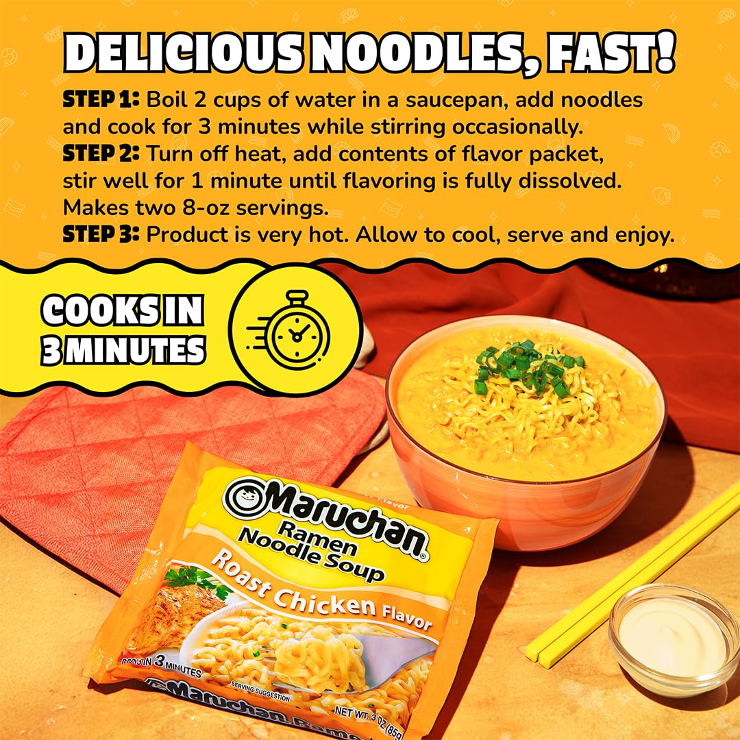 Maruchan Roast Chicken Ramen with vegetables suggests versatile toppings