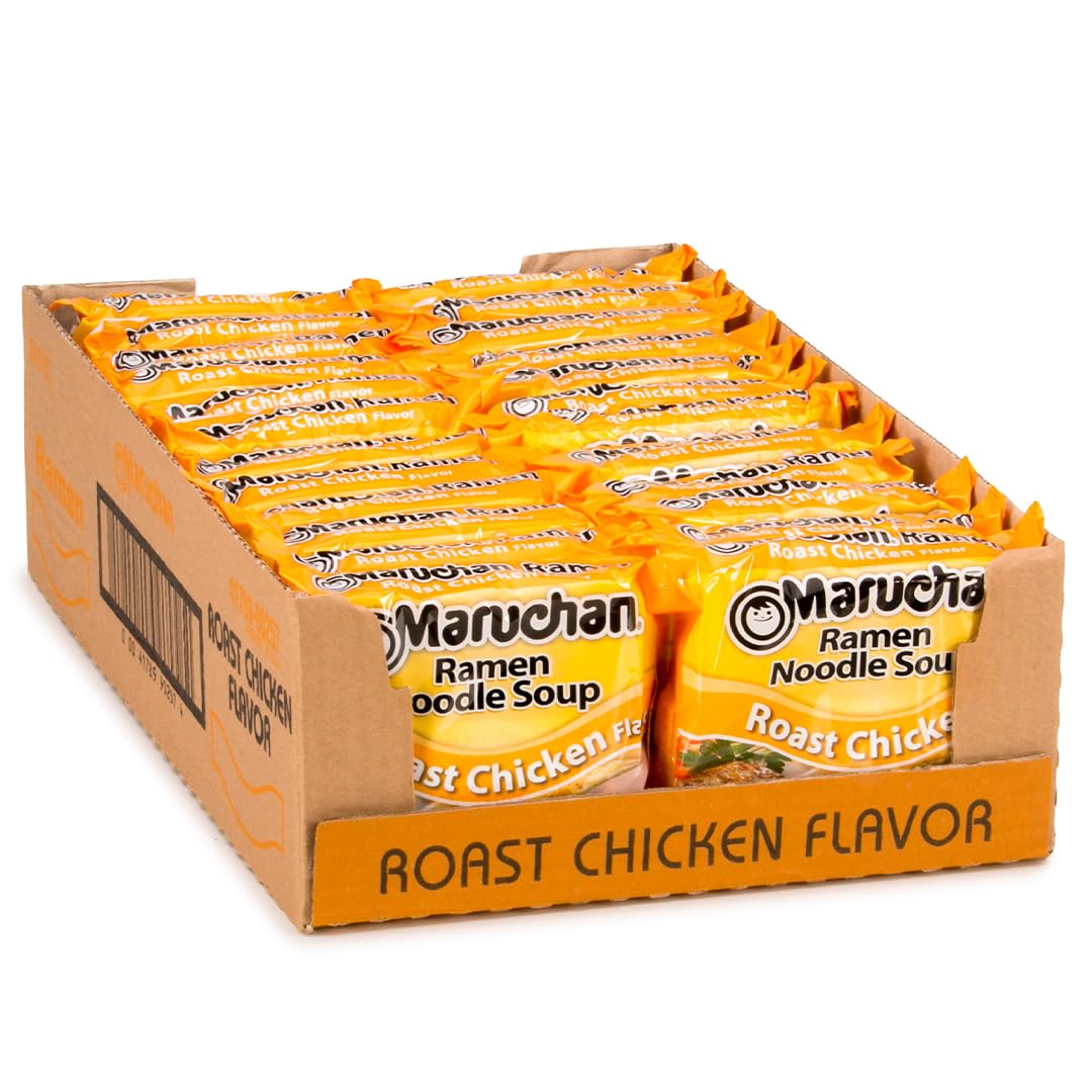 Maruchan Roast Chicken Ramen packaging highlights shelf-stable pantry convenience
