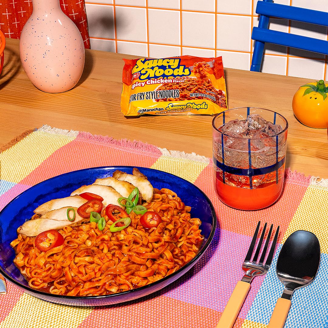 Maruchan Saucy Noods creamy sauce close-up highlighting rich texture.