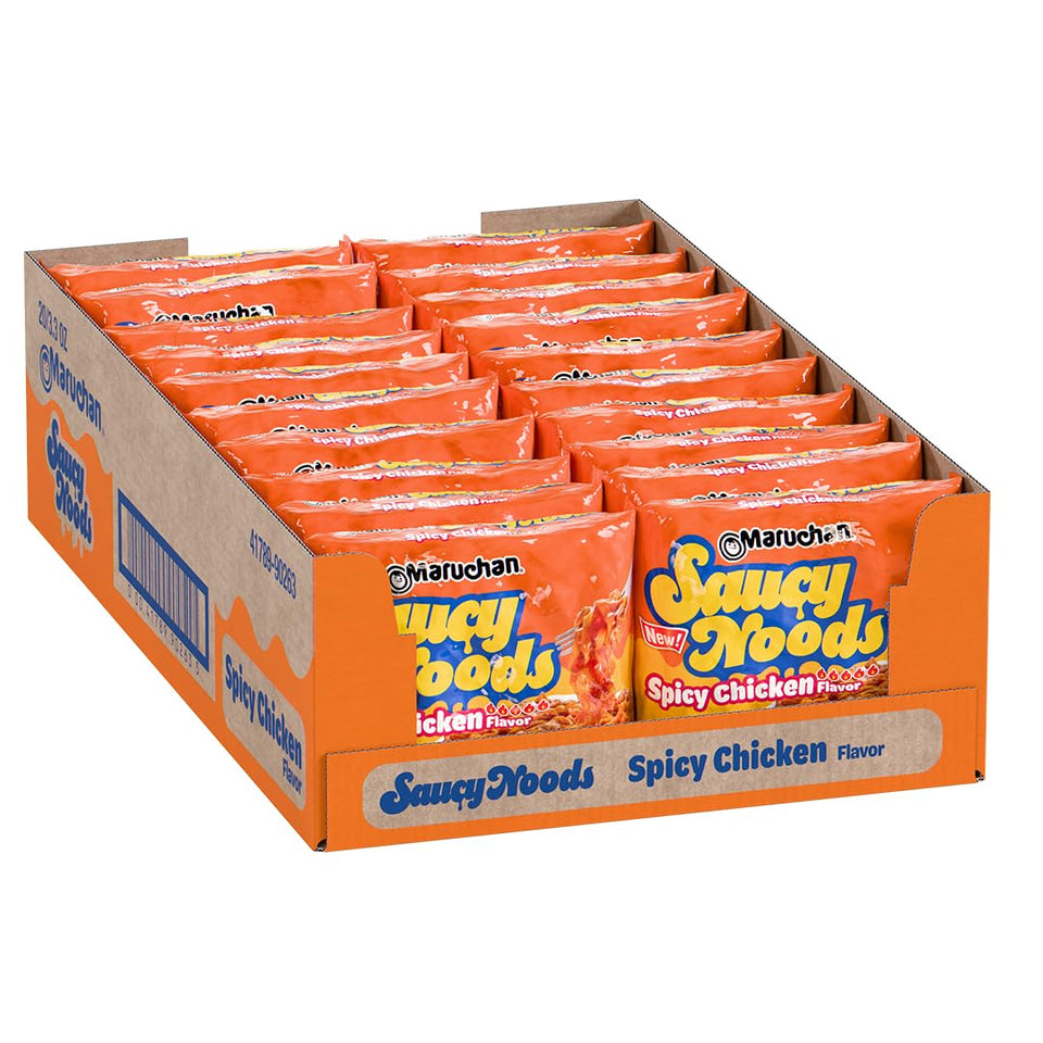 Maruchan Saucy Noods spicy chicken noodles in a bowl, ready to enjoy.