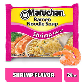 Maruchan Shrimp Flavor noodles steaming beside colorful vegetables