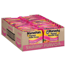Maruchan Shrimp Flavor ramen broth steaming in a bowl for quick meals