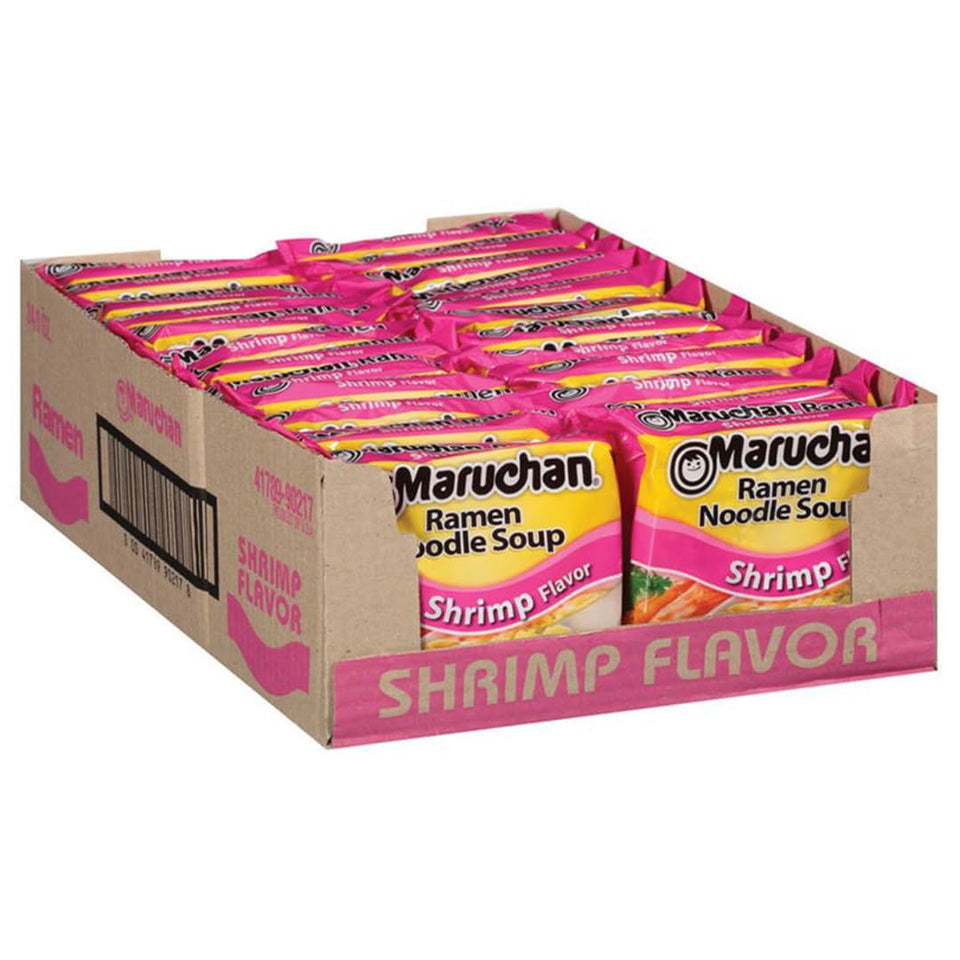 Maruchan Shrimp Flavor ramen broth steaming in a bowl for quick meals