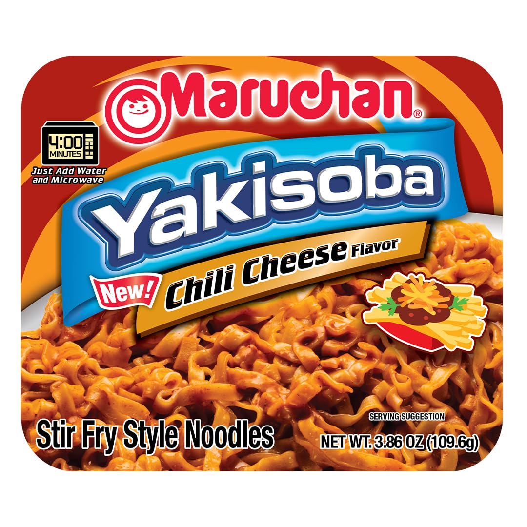 Maruchan Yakisoba Chili Cheese Noodles-ingredients spread, pantry-friendly dinner ideas.