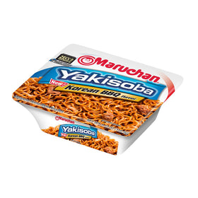 Maruchan Yakisoba Korean BBQ sauce pour close-up, showcasing rich glaze for speedy meals