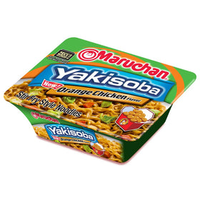 Close-up image of Maruchan Yakisoba orange chicken sauce glaze on noodles.