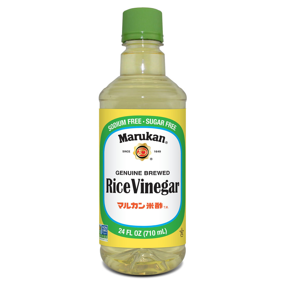 Marukan brewed rice vinegar bottle shows clean flavor for dressings and marinades