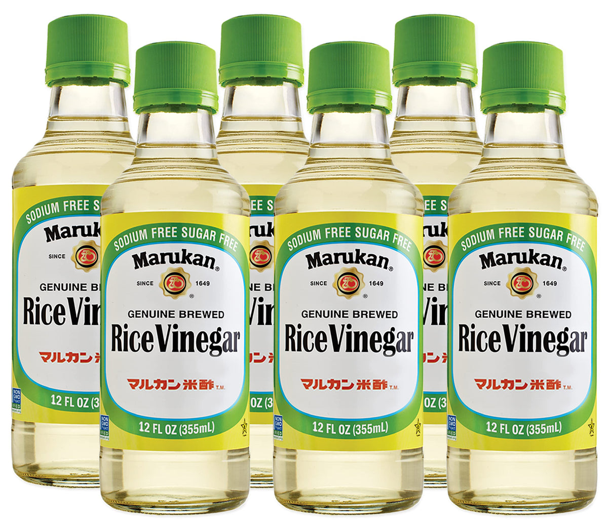 Marukan Genuine Brewed Rice Vinegar bottle on a counter, ideal for dressings and sauces