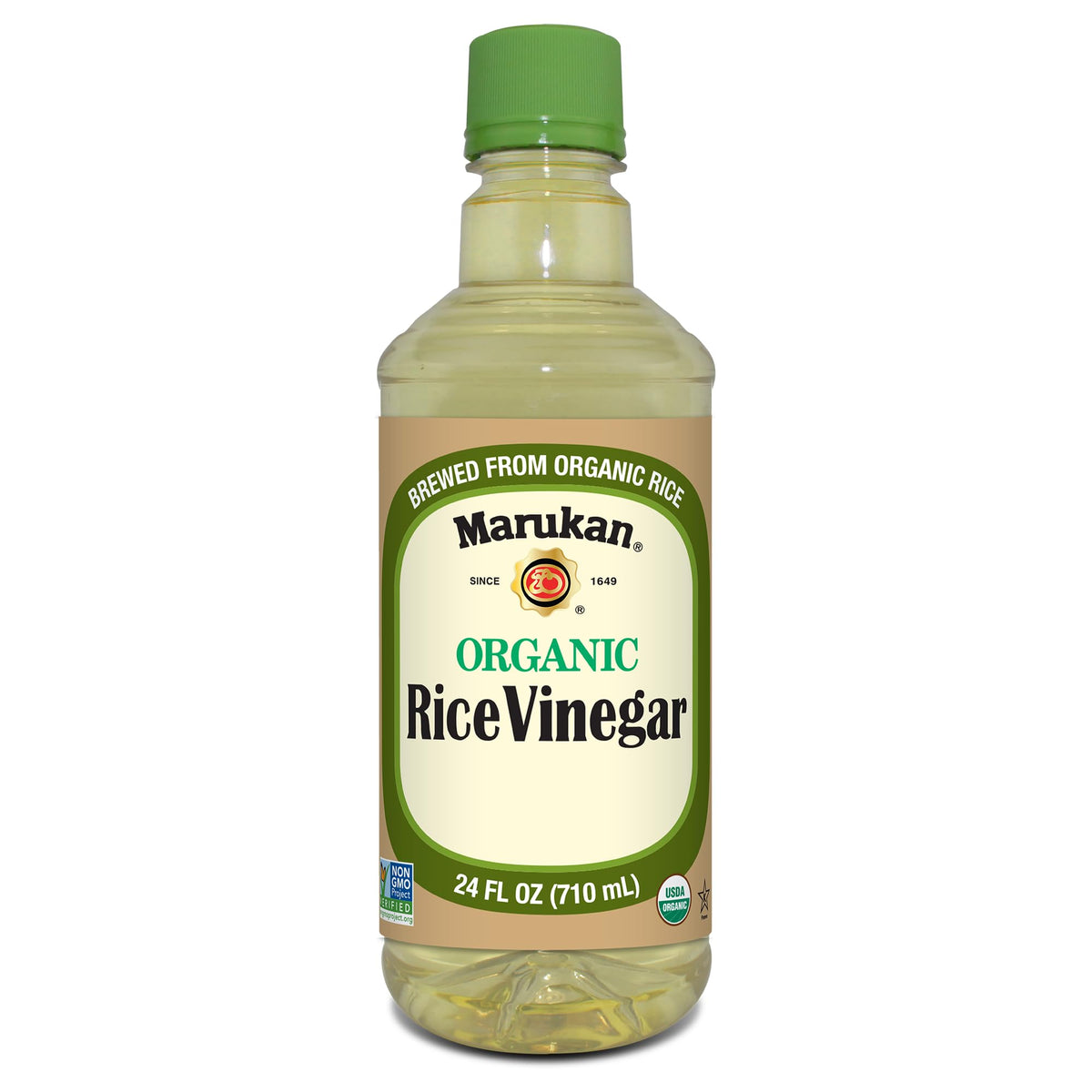 Marukan Organic Rice Vinegar 24oz bottle pouring for sushi and dressings