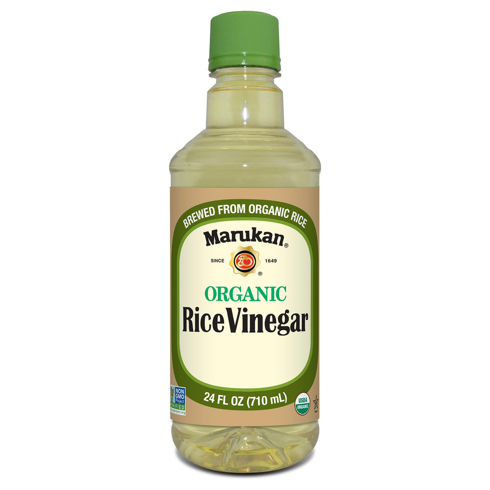 Marukan Organic Rice Vinegar 24oz bottle pouring for sushi and dressings