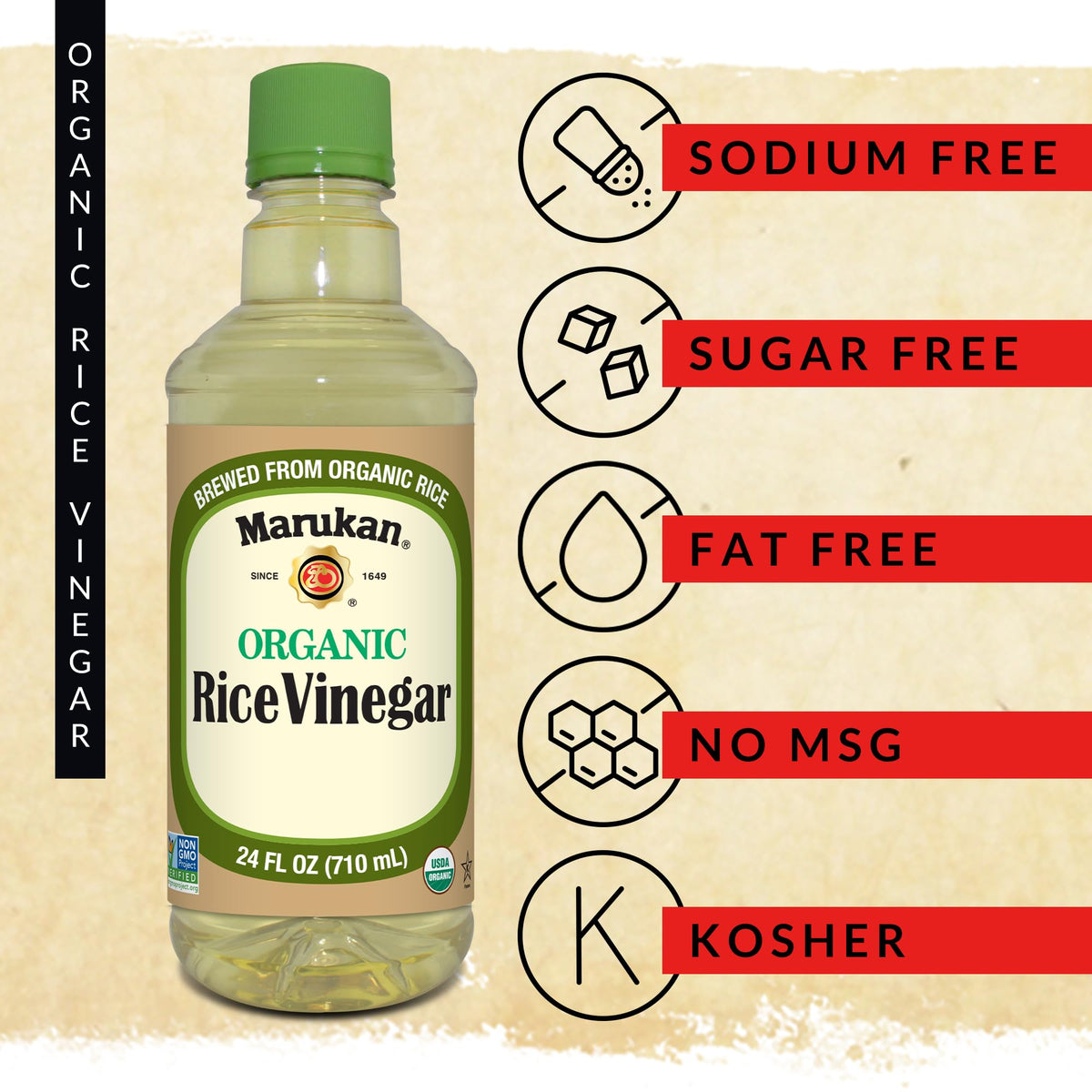 Marukan rice vinegar in a kitchen setup for light dressings