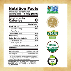 Close-up of Marukan Rice Vinegar label highlighting organic brewing