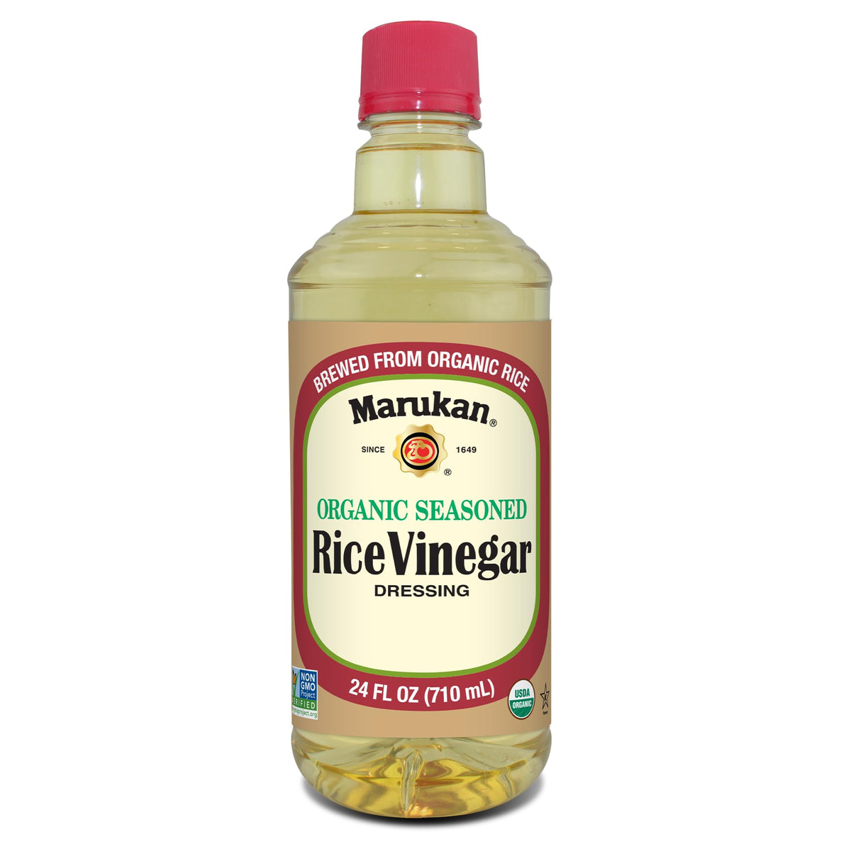 Marukan Organic Rice Vinegar bottle pouring to season sushi rice with balanced tang