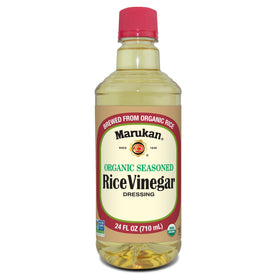 Marukan Organic Rice Vinegar bottle pouring to season sushi rice with balanced tang