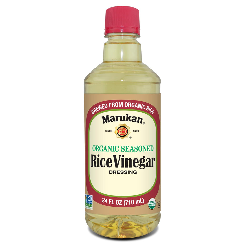 Marukan Organic Rice Vinegar bottle pouring to season sushi rice with balanced tang
