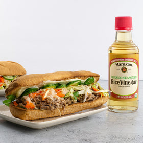 Glass bottle of Marukan Organic Rice Vinegar for easy, spill-free pouring
