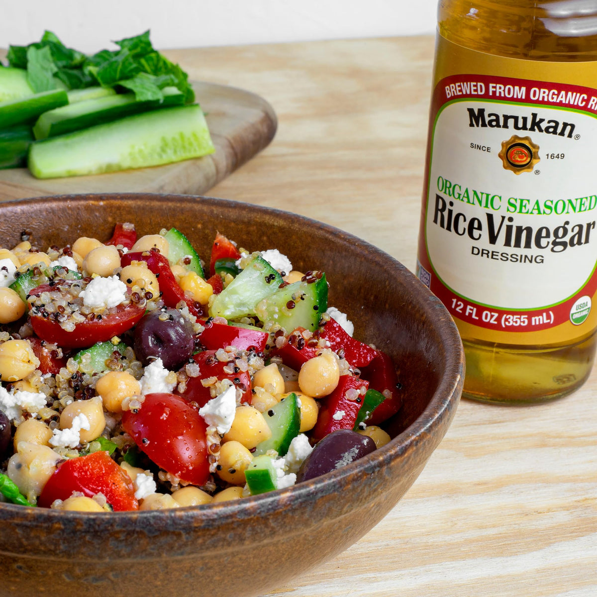 Marukan Organic Rice Vinegar bottle on the kitchen counter as a premium staple