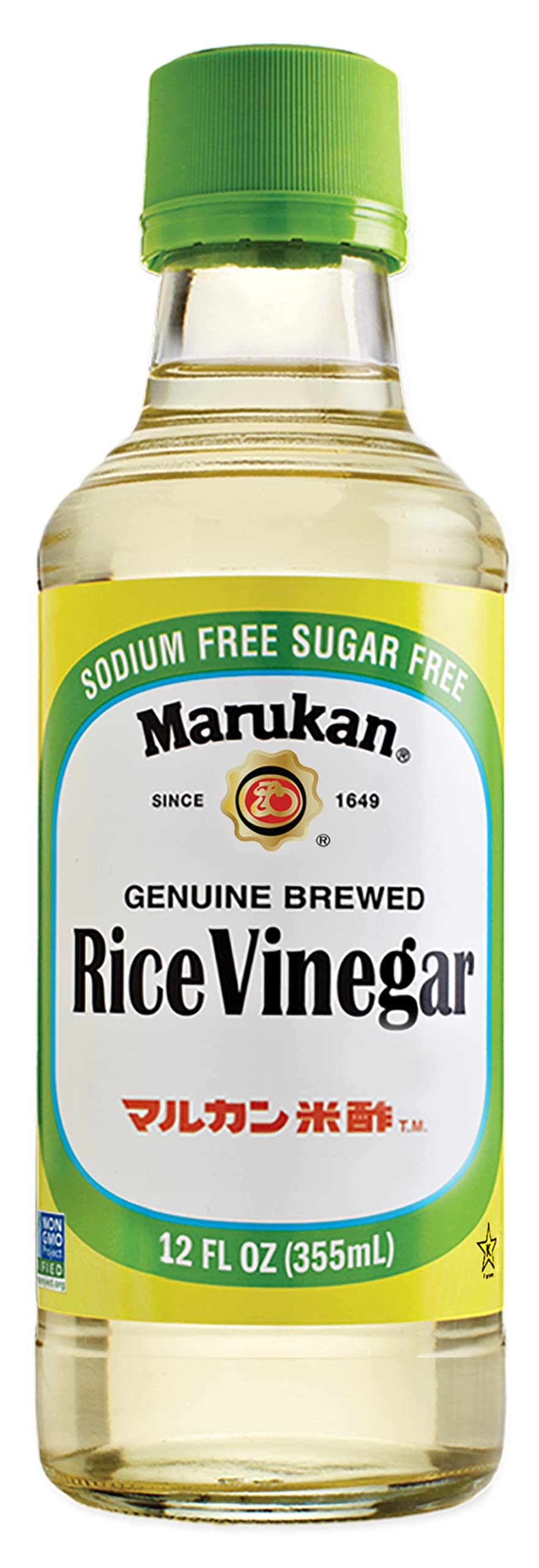 Six 12-ounce Marukan rice vinegar bottles ready for home use