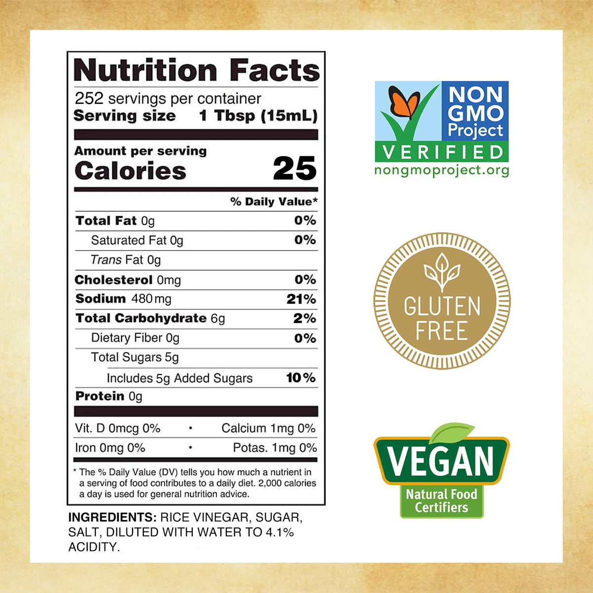 Marukan Seasoned Gourmet Rice Vinegar label close-up showing kosher and vegan notes.