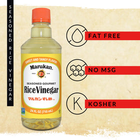 Marukan Seasoned Gourmet Rice Vinegar on kitchen setup for cooking.
