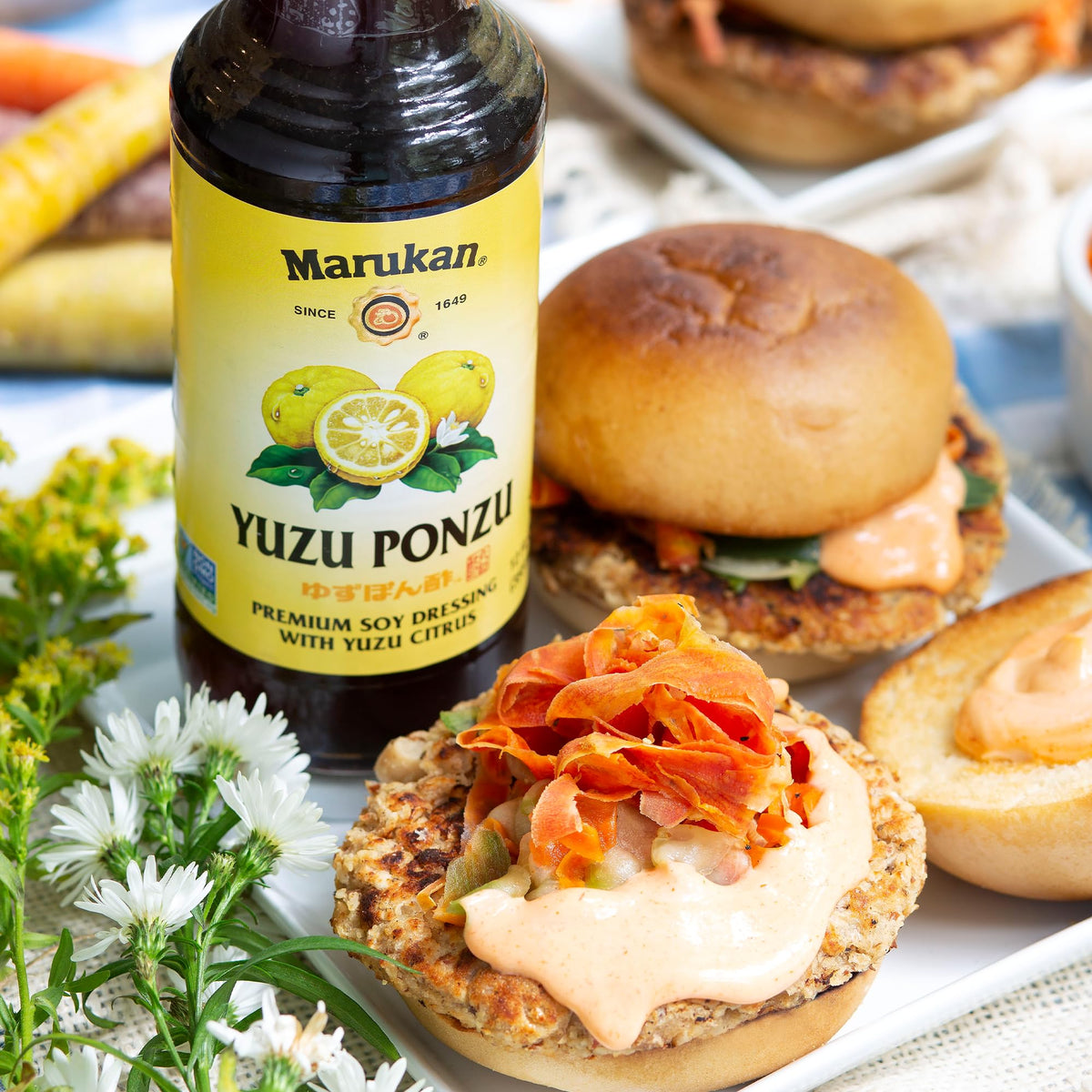 Marukan Yuzu Ponzu jar on kitchen counter highlighting premium sauce