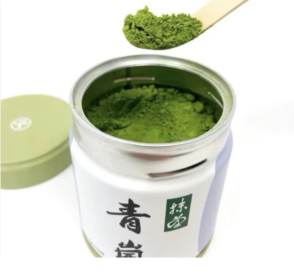 Close-up of Marukyu Koyamaen ceremonial matcha Aorashi powder with vibrant emerald color