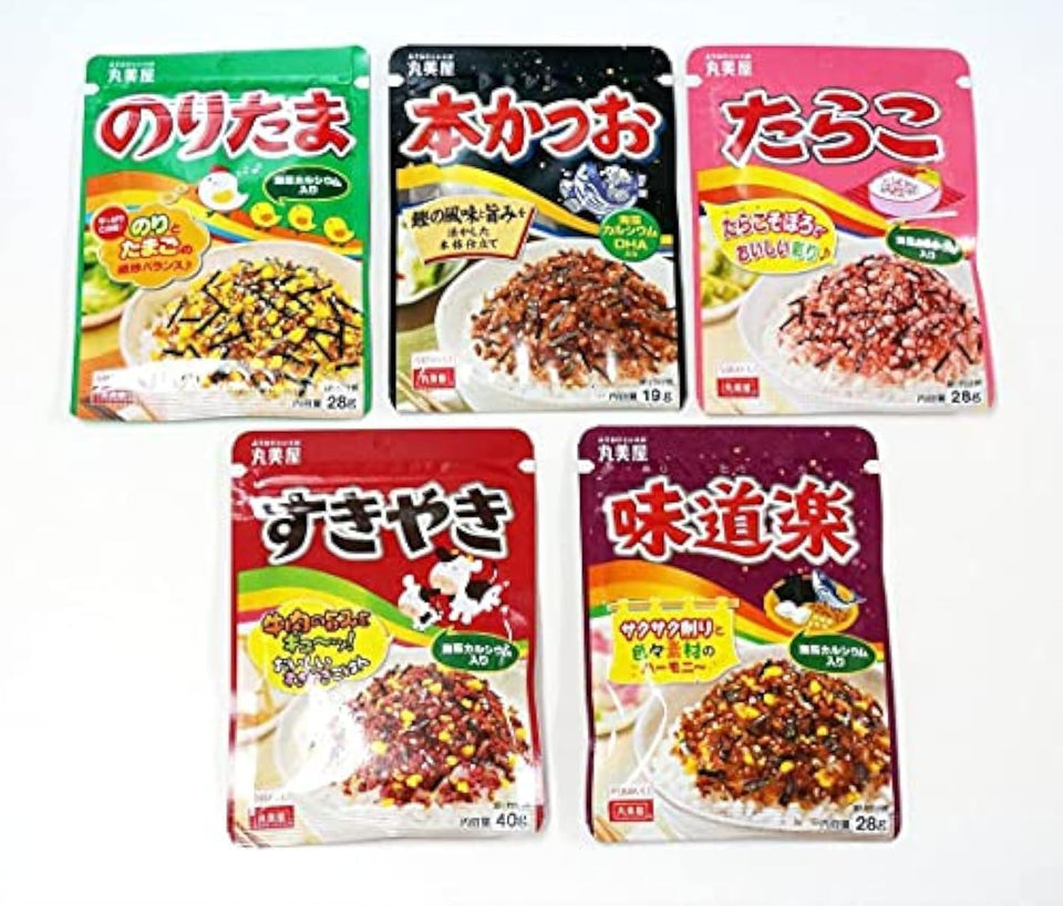 Marumiya Furikake five-pack variety enhances plain rice with Noritama, Sukiyaki, Okaka and Tarako.