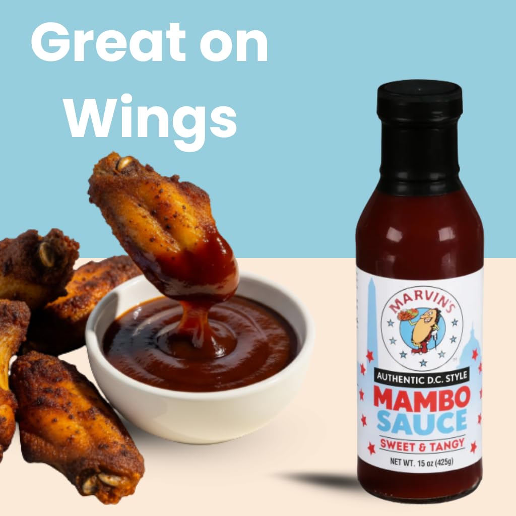 Marvin's Mambo Sauce with wings and fries for dipping
