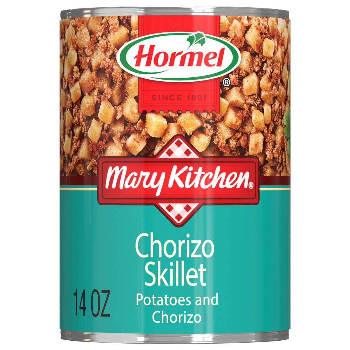 Mary Kitchen Chorizo Skillet cans on shelf, convenient pantry staple for quick meals.