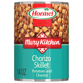 Mary Kitchen Chorizo Skillet cans on shelf, convenient pantry staple for quick meals.