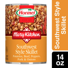 Mary Kitchen Southwest Style Skillet cans on shelf highlight convenient protein option.